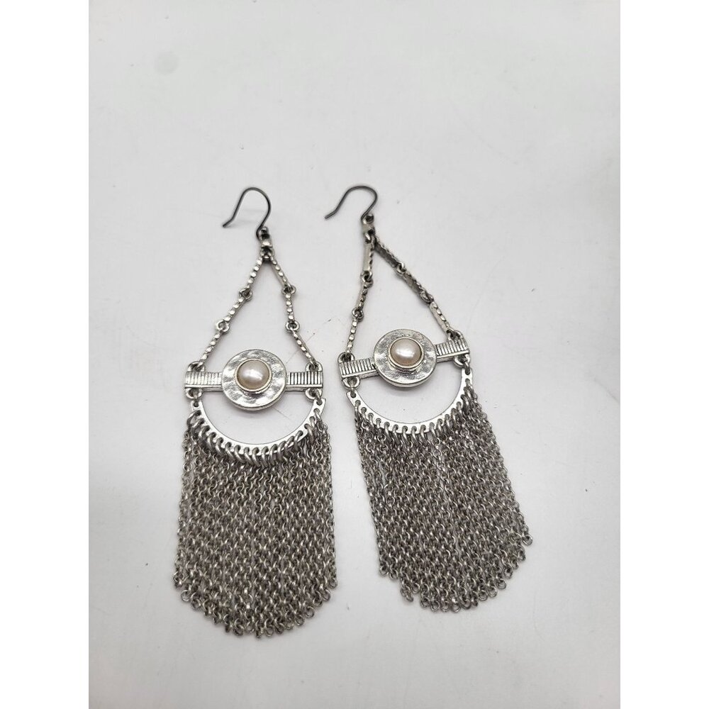 Lucky Brand Silver Tone Pearl Teardrop Chandelier Earrings Dangle Boho